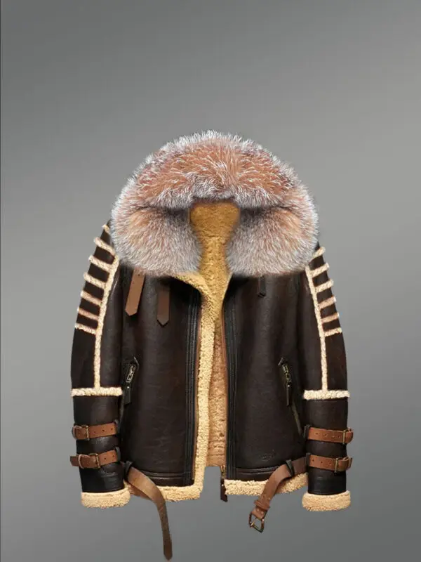 Designer Brown Shearling Jacket with Crystal Fox Fur Trims on Collar & Hood - Image 3