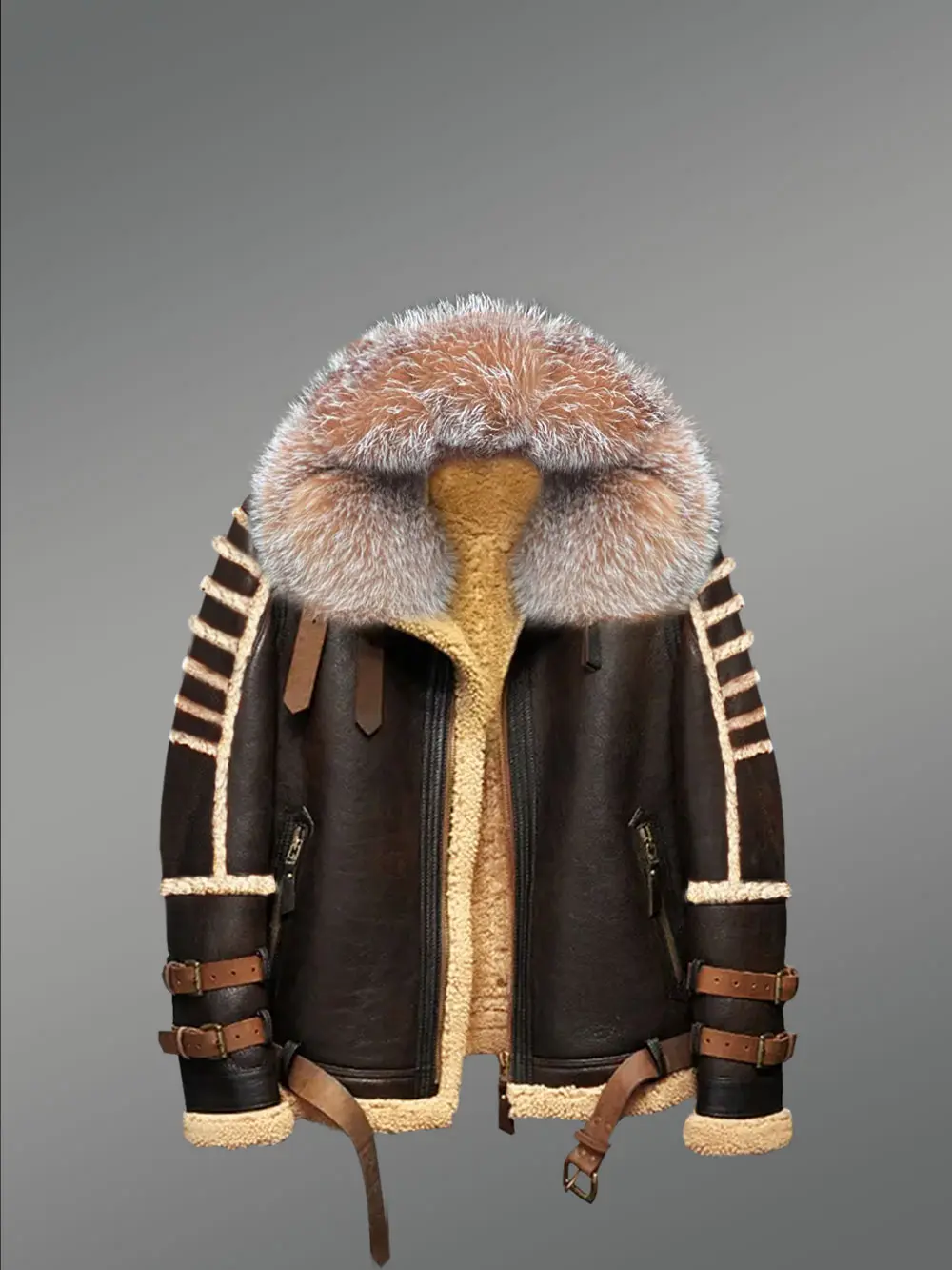 Designer Brown Shearling Jacket with Crystal Fox Fur Trims on Collar & Hood - Image 3