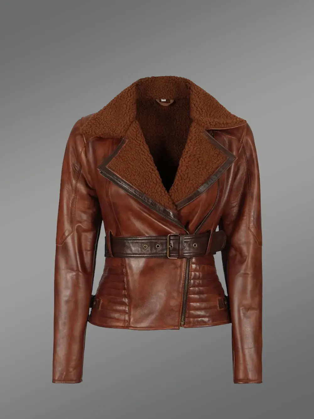 Shearling Biker Women Jacket with a Waist Belt - Image 3
