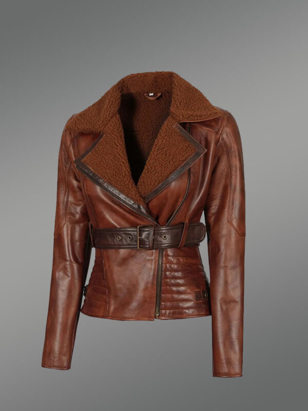 Shearling Biker Women Jacket with a Waist Belt - Image 4