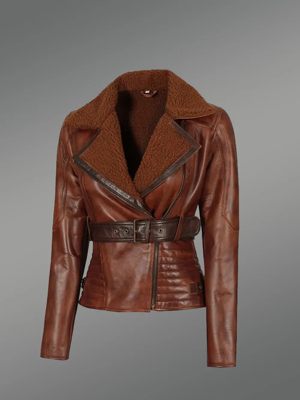 Shearling Biker Women Jacket with a Waist Belt - Image 4