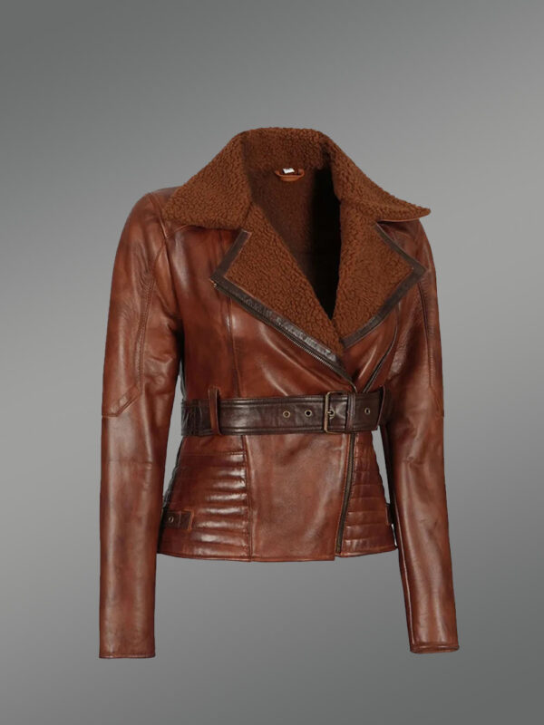 Shearling Biker Women Jacket with a Waist Belt - Image 2