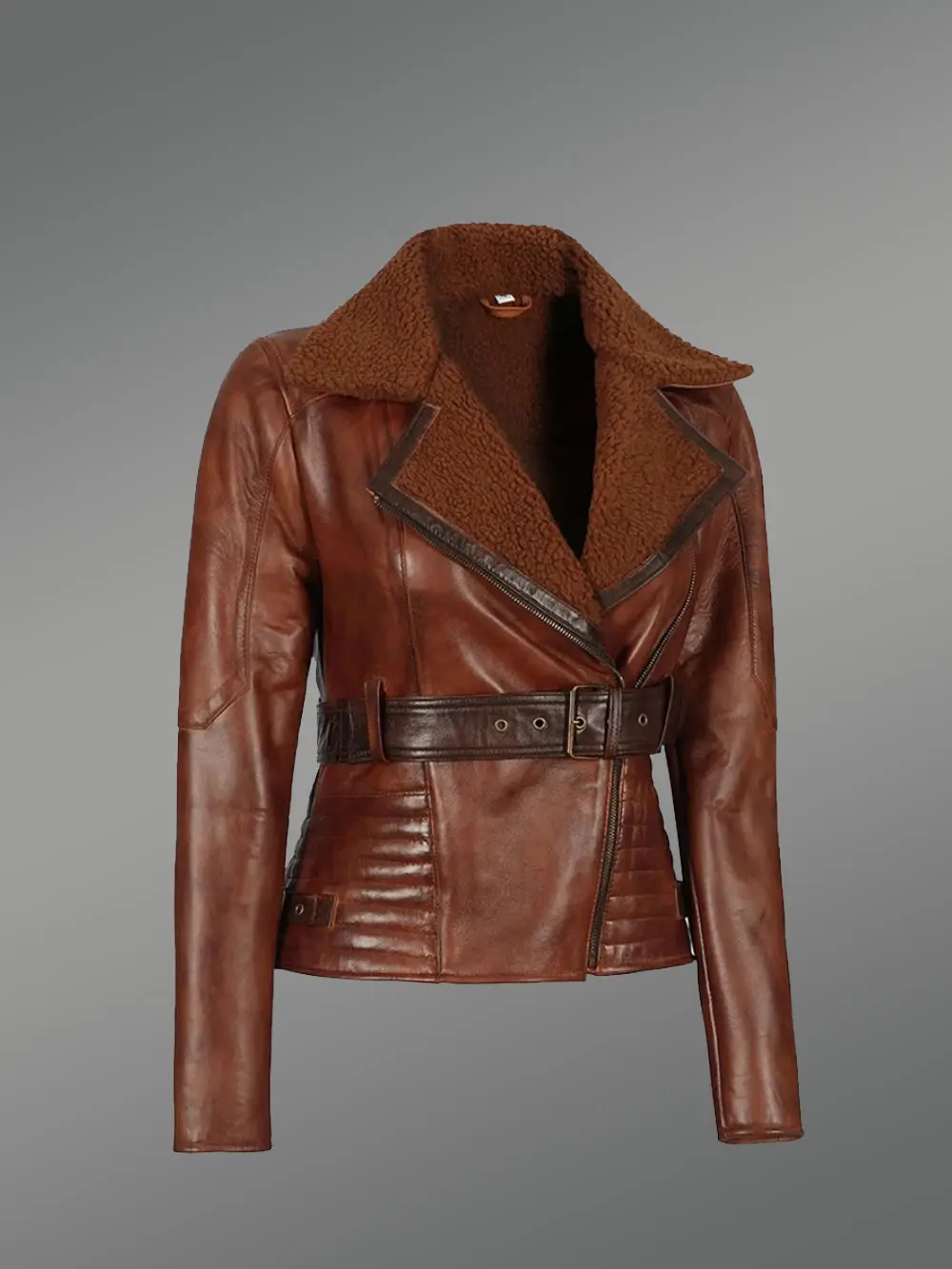 Shearling Biker Women Jacket with a Waist Belt - Image 2