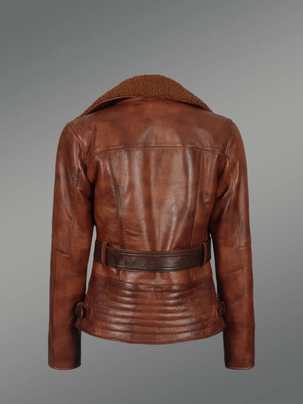 Shearling Biker Women Jacket with a Waist Belt - Image 5