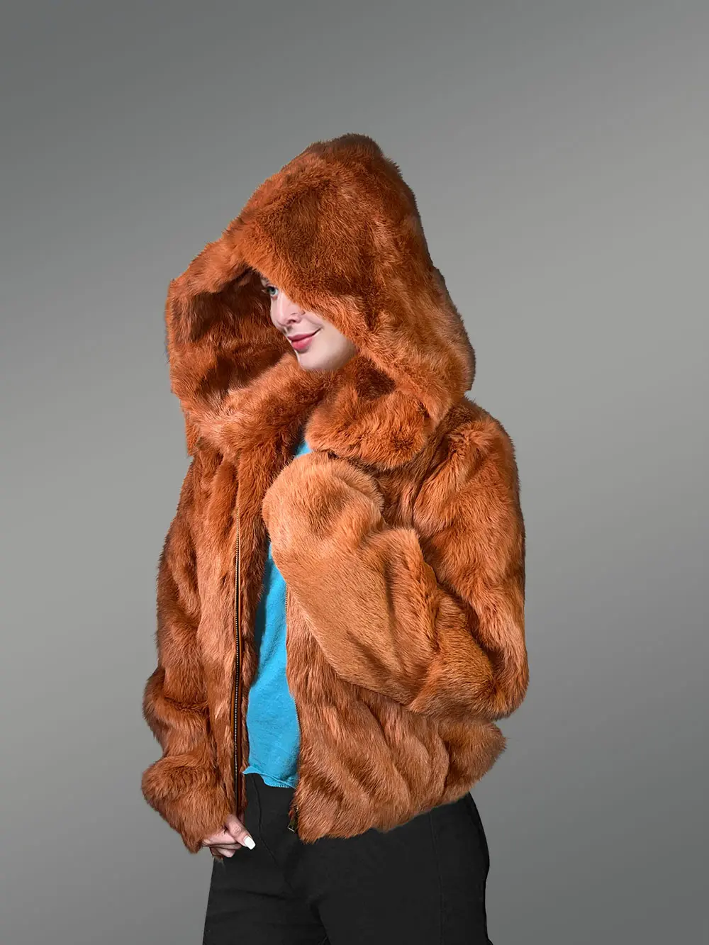 Authentic Rabbit Fur Bomber Jacket in Tan - Image 3