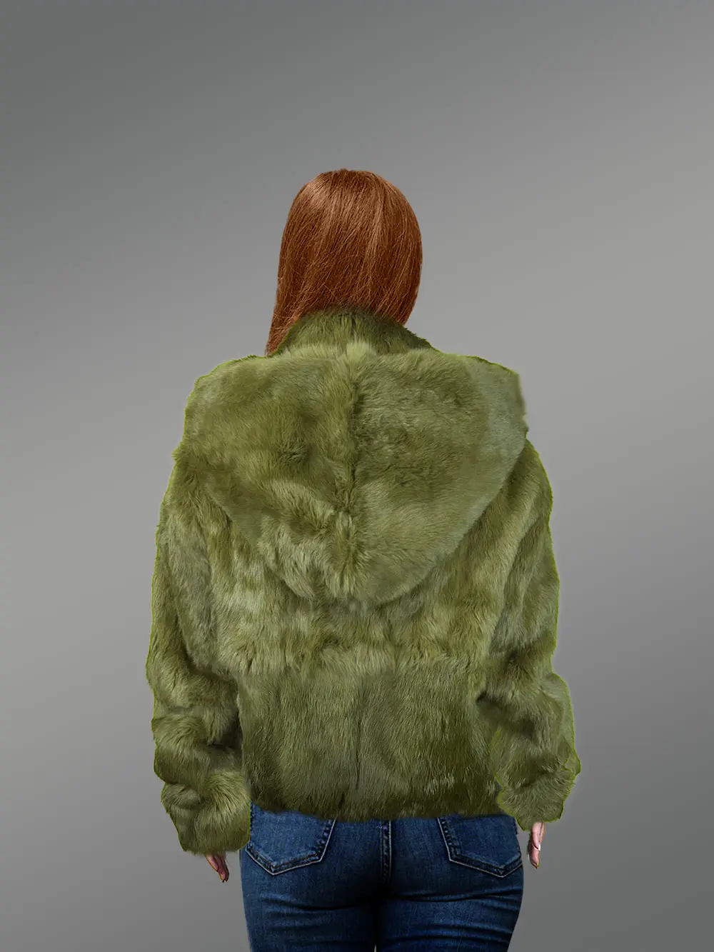 Rabbit Fur Bomber Jacket in Olive - Image 7
