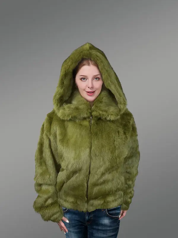 Rabbit Fur Bomber Jacket in Olive - Image 2