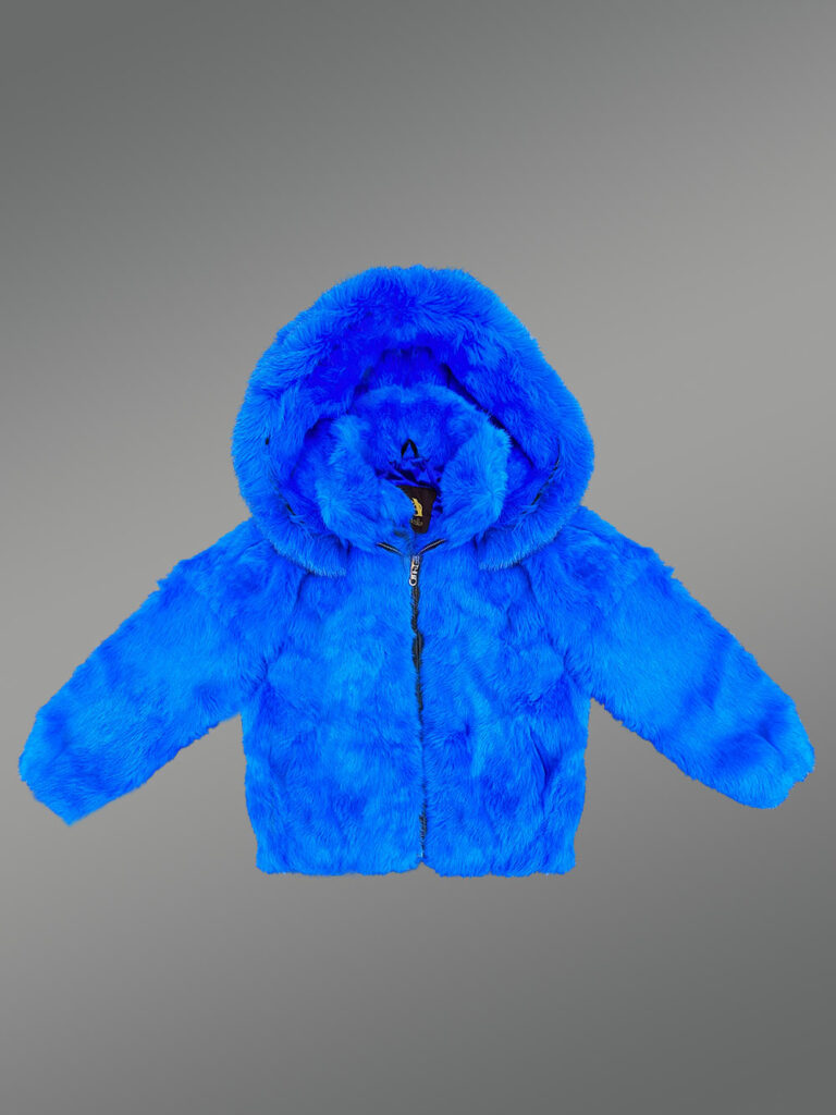 Royal Blue Jacket In Rabbit Fur For Kids