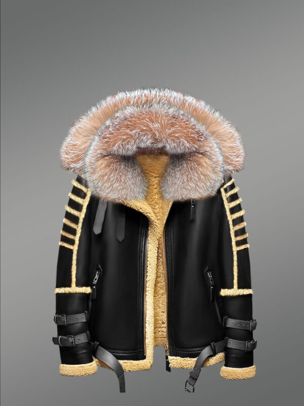 Shearling Jacket with Premium Crystal Fox Fur and Hood - Image 3