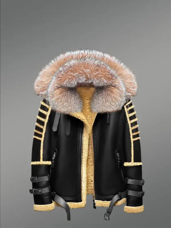 Shearling Jacket with Premium Crystal Fox Fur and Hood - Image 3