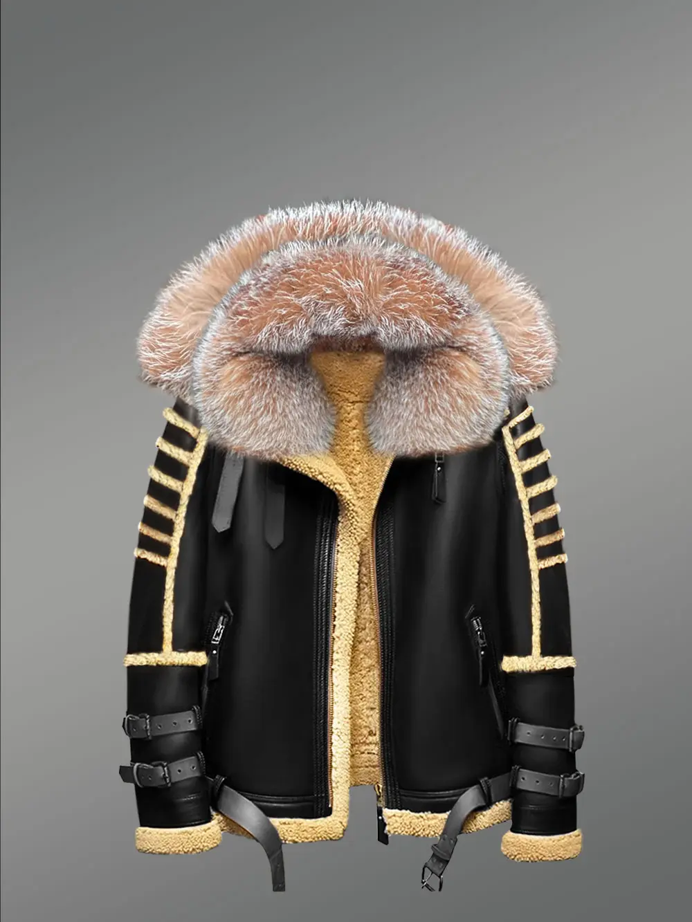 Shearling Jacket with Premium Crystal Fox Fur and Hood - Image 3