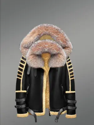 Shearling Jacket with Premium Crystal Fox Fur and Hood