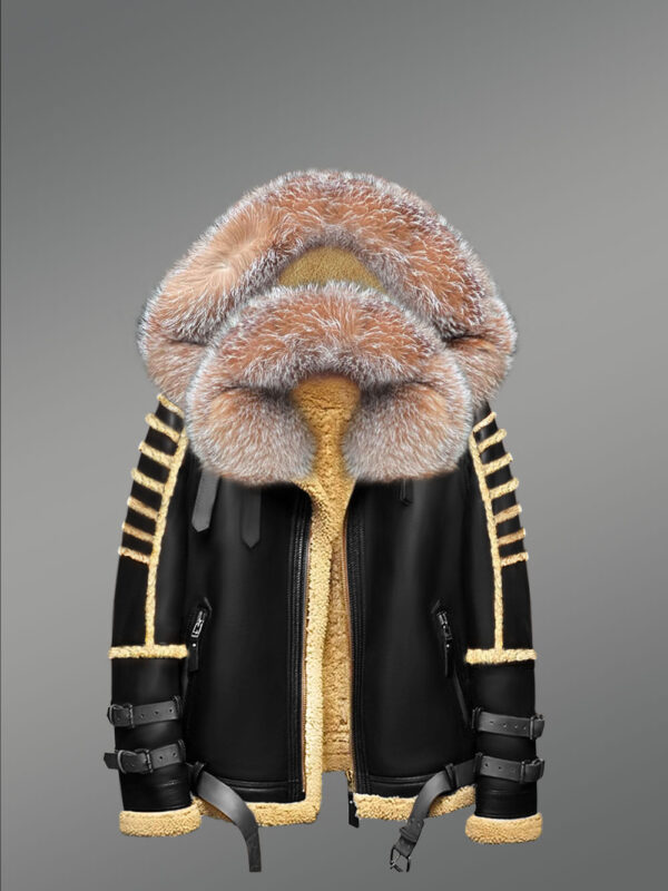 Shearling Jacket with Premium Crystal Fox Fur and Hood