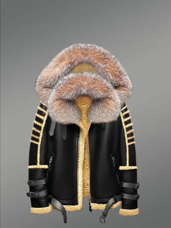 Shearling Jacket with Premium Crystal Fox Fur and Hood