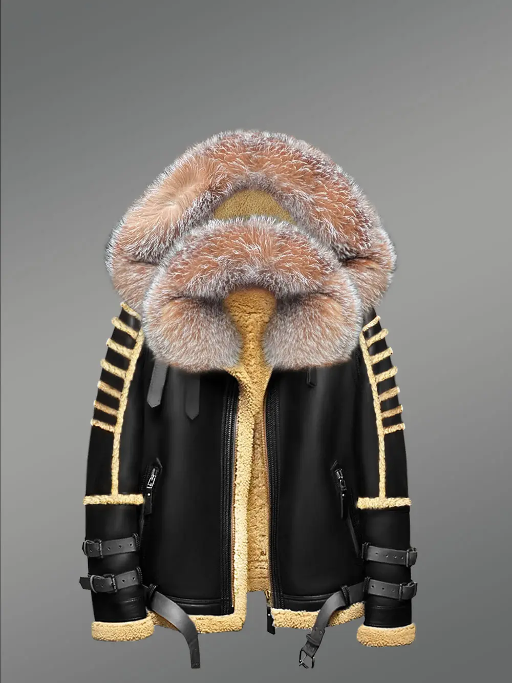 Shearling Jacket with Premium Crystal Fox Fur and Hood
