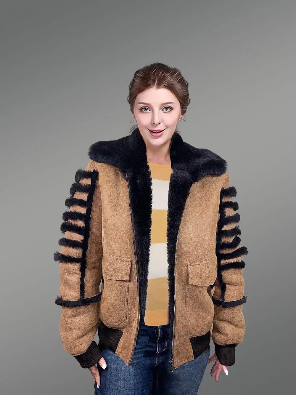 Women’s Light Tan Sheepskin Shearling Bomber Jacket Front-open Zipper - Image 2