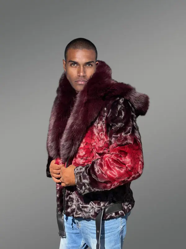 Men Mink Fur Coat with Hood in Burgundy Is an Out-Of-The-Box Outfit
