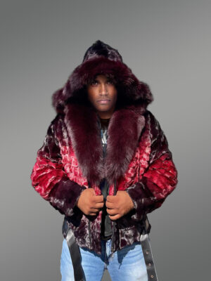 Men Mink Fur Coat with Hood in Burgundy Is an Out-Of-The-Box Outfit