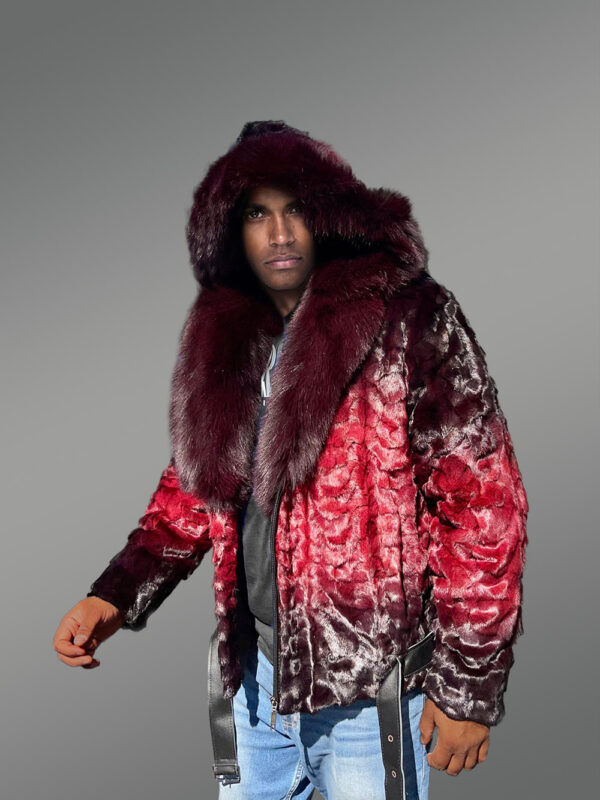 Men Mink Fur Coat with Hood in Burgundy Is an Out-Of-The-Box Outfit