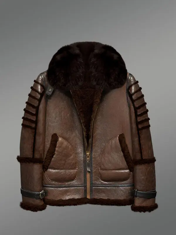 Sheepskin Shearling Aviator Jacket for Men in Fox Fur Collar and Detachable Hood - Image 2