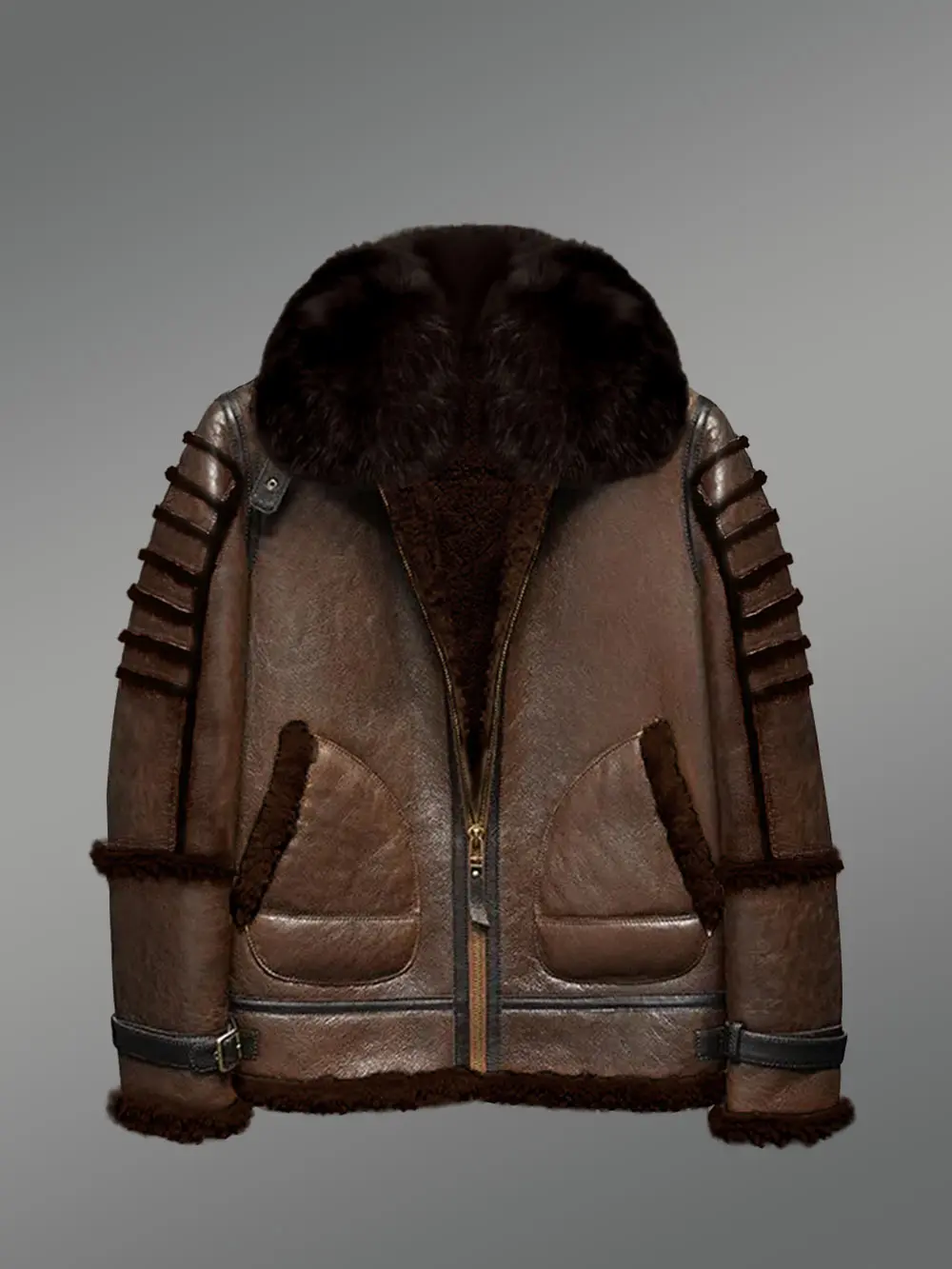 Sheepskin Shearling Aviator Jacket for Men in Fox Fur Collar and Detachable Hood - Image 2