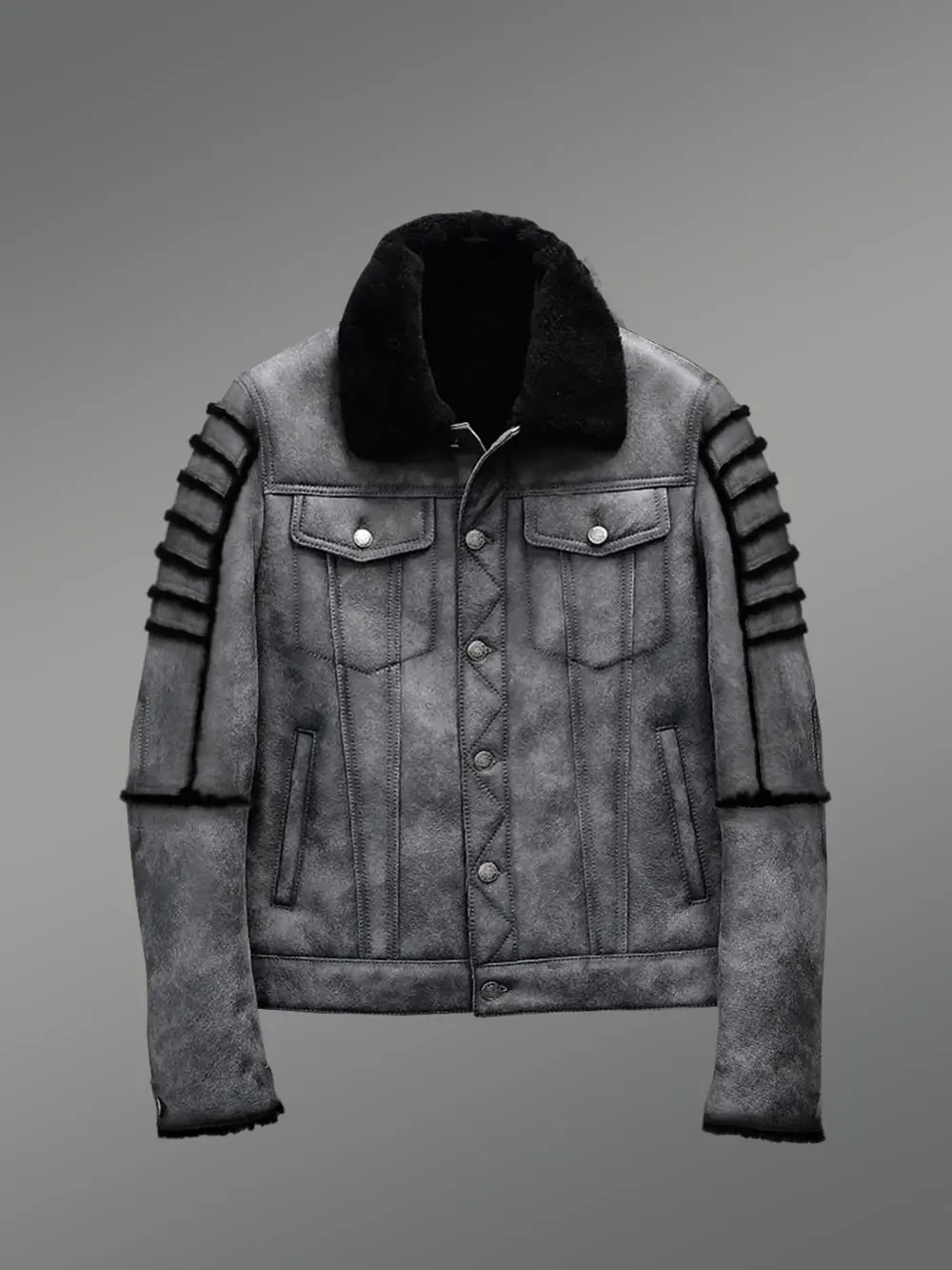 Men’s Shearling Coat in Grey With Black fox fur and Hood - Image 4