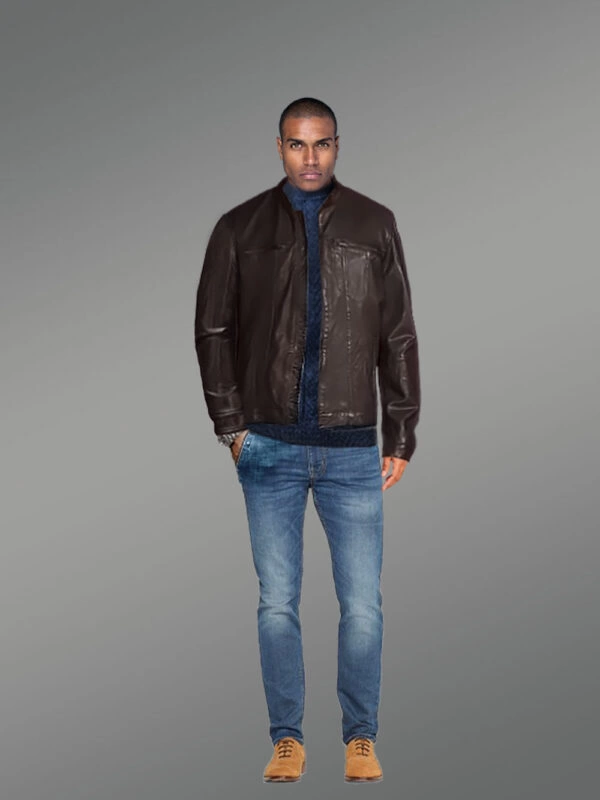 Men’s Coffee Moto Leather Jacket - Image 4