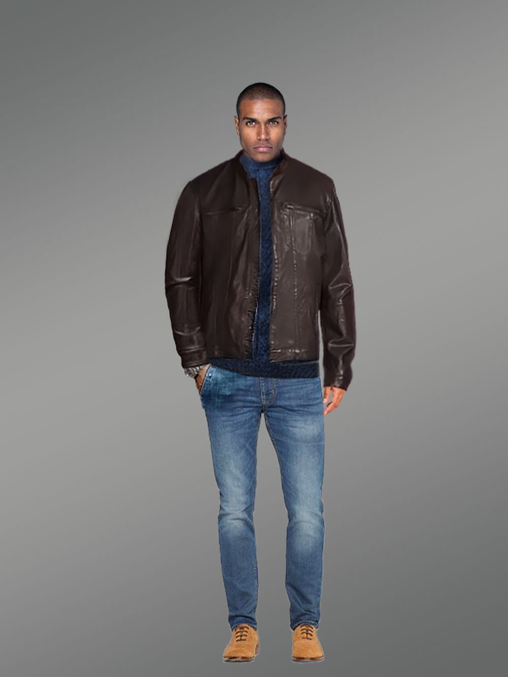 Men’s Coffee Moto Leather Jacket - Image 4