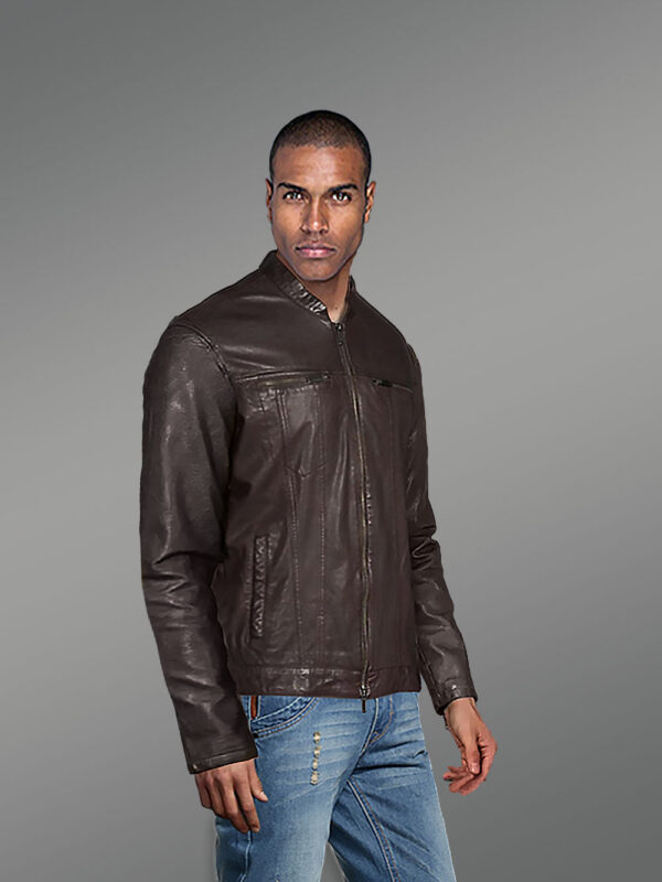 Men’s Coffee Moto Leather Jacket - Image 2