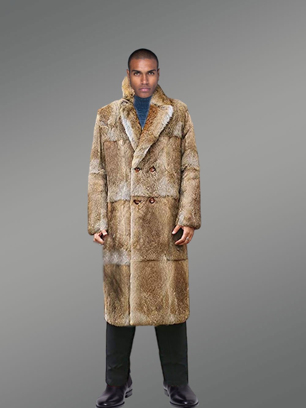 Men’s double breasted Natural Rabbit Fur Long Coat - Image 5