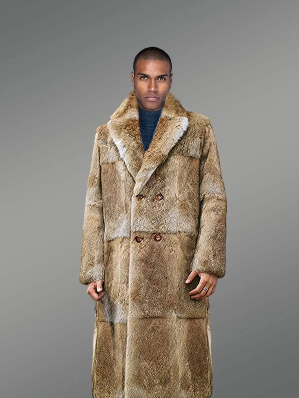 Men’s double breasted Natural Rabbit Fur Long Coat