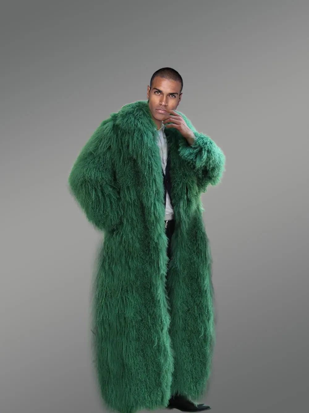 Green Mongolian Fur Long Coat - Image 2