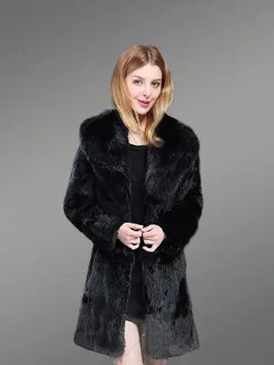 Real Rabbit Fur Mid Length Womens Coat in Black