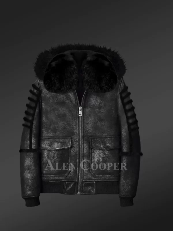 Men’s Black Sheepskin Shearling Bomber Jacket Front-open Zipper with Arctic Fox Fur Hood - Image 2