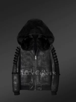 Men’s Black Sheepskin Shearling Bomber Jacket Front-open Zipper with Arctic Fox Fur Hood