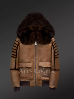 Men’s Aviator Sheepskin Shearling Bomber Jacket with Crystal Fox Fur Hood