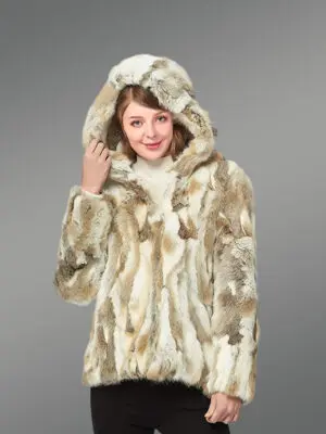 Women’s Natural Rabbit Bomber Jacket with Hood