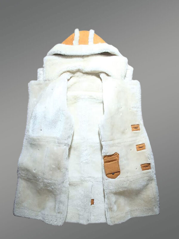 Knee length womens coat with detachable hood and back slit - Image 4