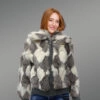 Geometric Rabbit Fur Bomber for Women front view