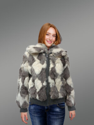 Geometric Rabbit Fur Bomber for Women front view