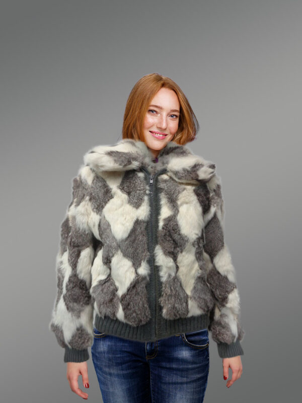 Geometric Rabbit Fur Bomber for Women front view