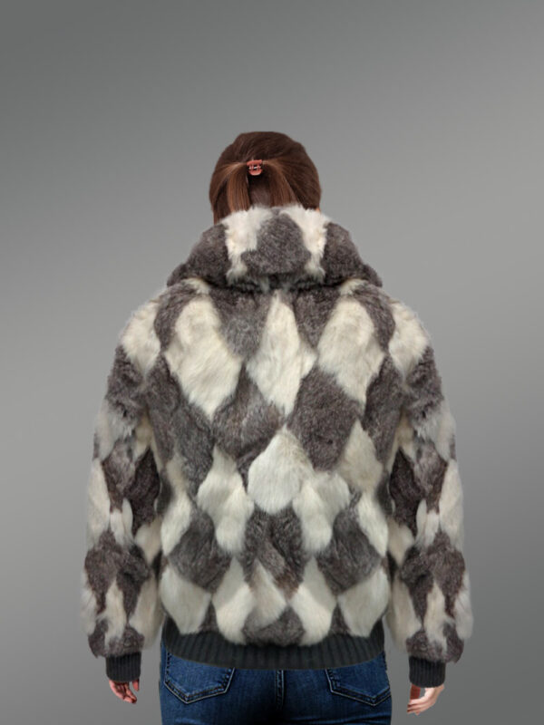 Geometric Rabbit Fur Bomber for Women backside view