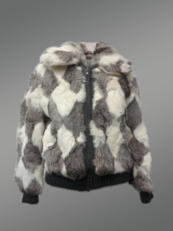 Geometric Rabbit Fur Bomber for Women front view