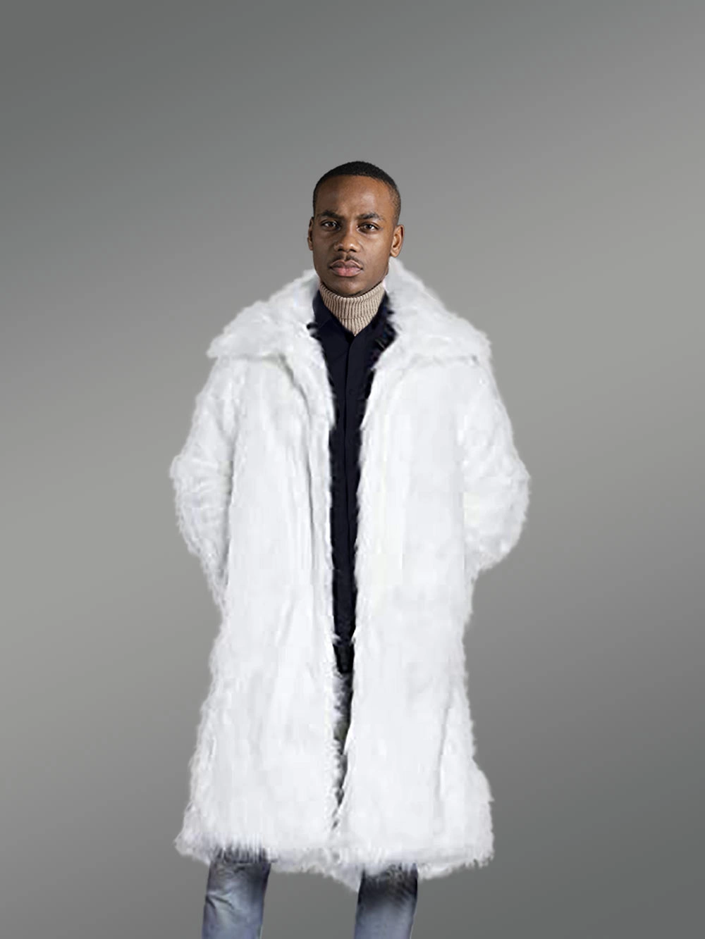 Men Rabbit Fur Coat in White