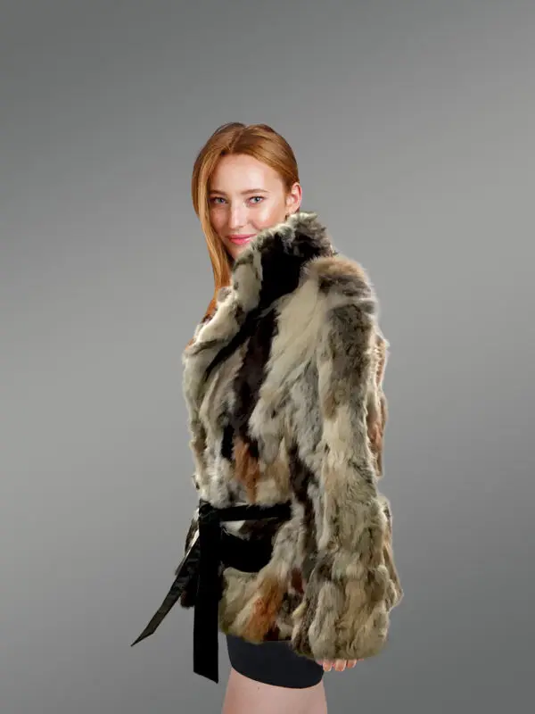 Multi Color Rabbit Coat with Tie Belt - Image 2