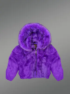 Kids’ Purple Rabbit Fur Bomber Jacket with Hood