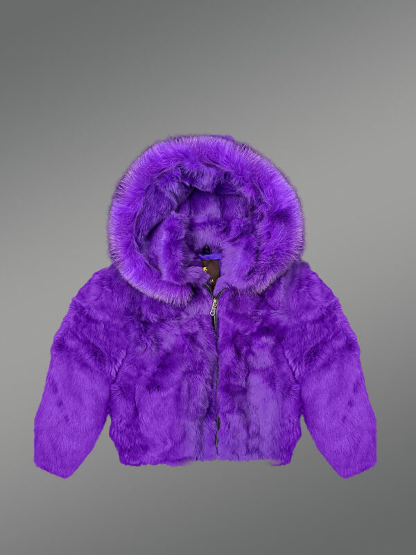 Kids’ Purple Rabbit Fur Bomber Jacket with Hood