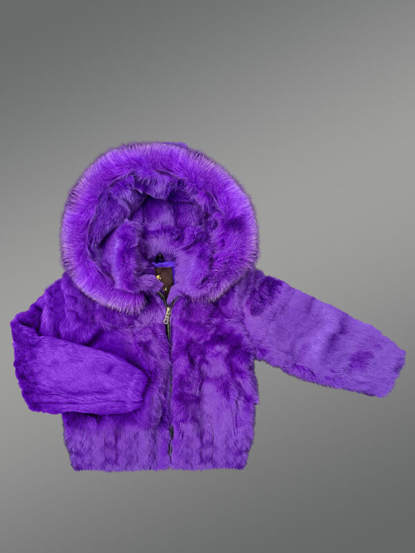 Kids’ Purple Rabbit Fur Bomber Jacket with Hood - Image 2