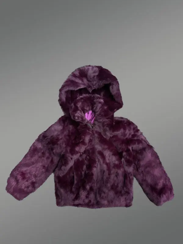 Kids’ Purple Rabbit Fur Bomber Jacket with Hood - Image 2