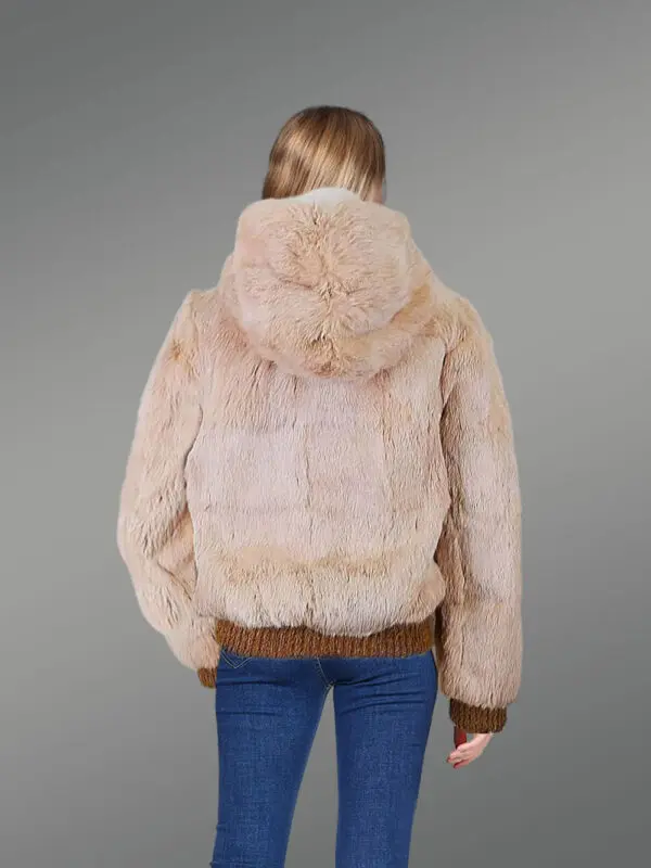 Beige Rabbit Fur Bomber Jacket for Women - Image 4